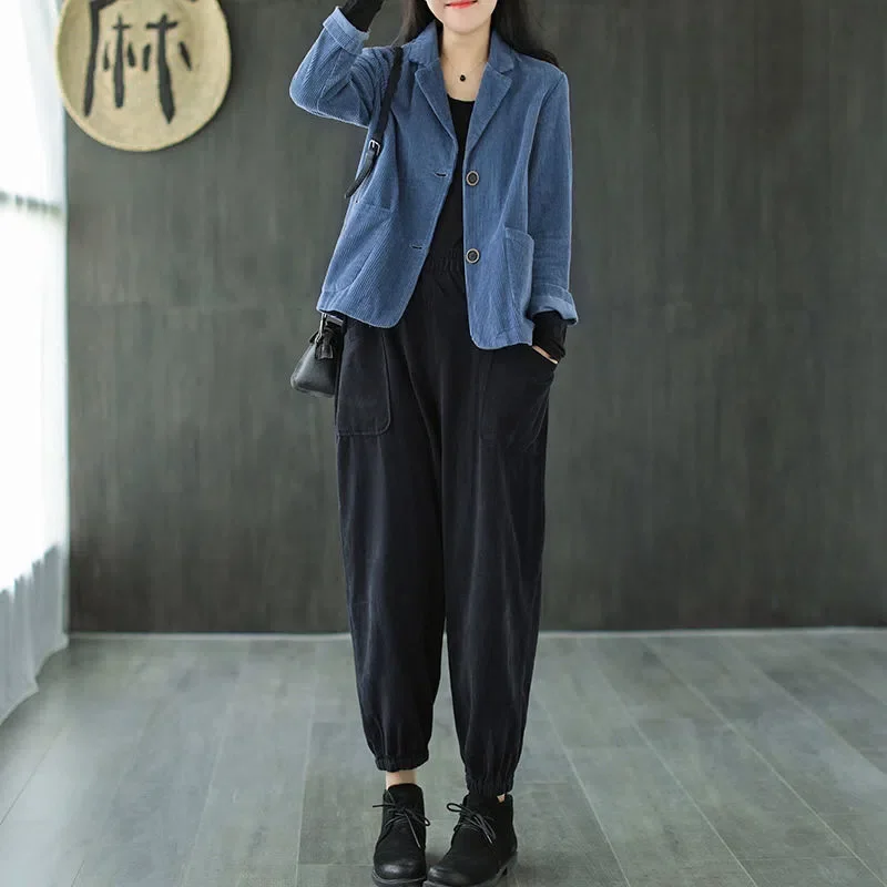 Spring Autumn Jacket 2023 Corduroy Suit Coat Women Collar Solid Button Pure Short Coat New Long-Sleeved Pocket Outerwear Female