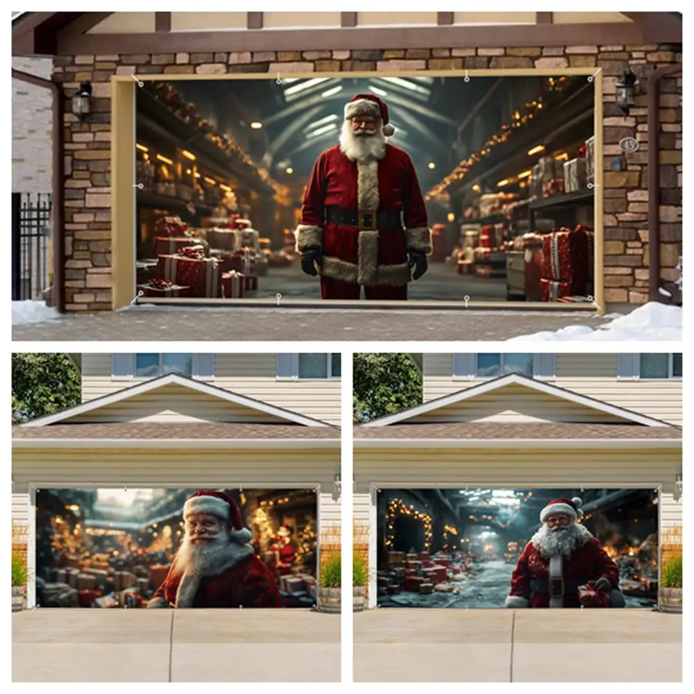 Christmas Garage Door Decoration Banner Santa's Gift Warehouse Backdrops Large Outdoor Hanging Christmas Garage Wall Patio Decor