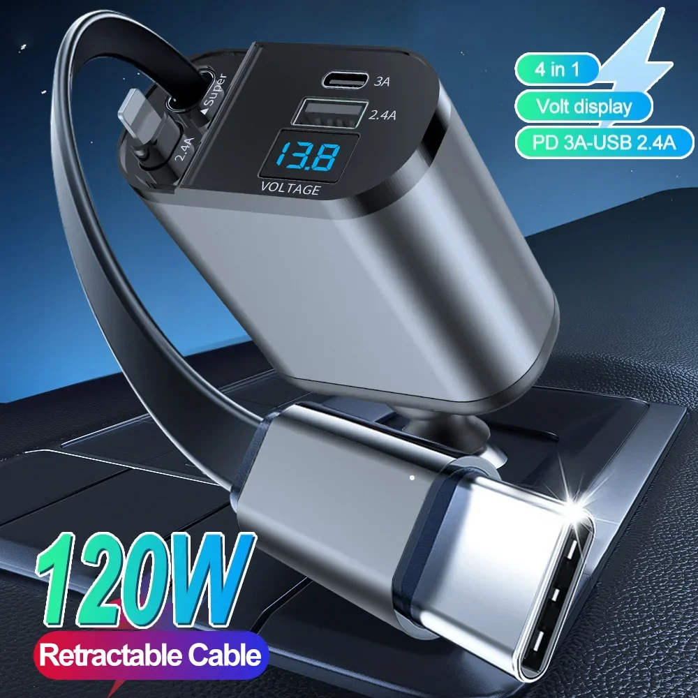 120W 4 IN 1 Retractable Car Charger USB C Cable For IPhone Huawei Samsung Fast Charge Cord Cigarette Lighter Adapter PD QC3.0