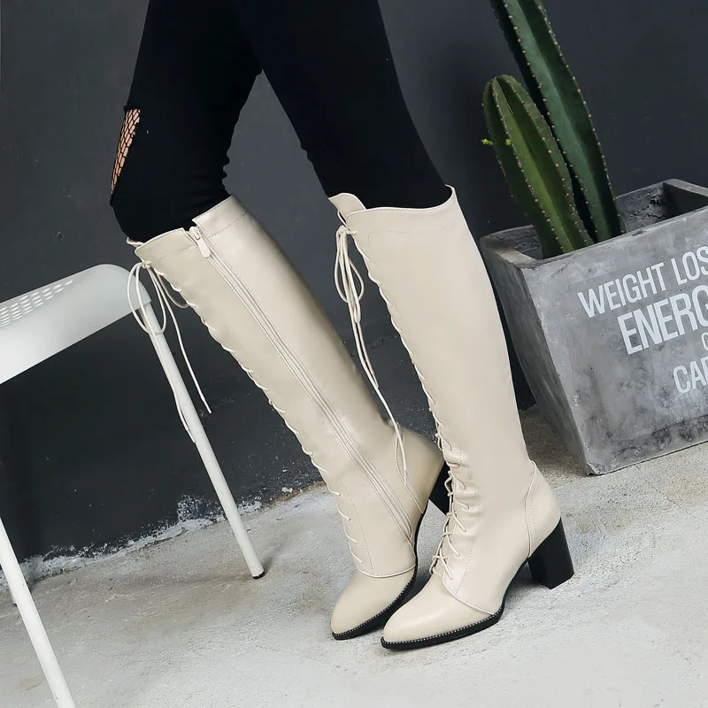 Women High Heels Knee High Boots Pointed Toe Zipper Lace-up High Boot Ladies Shoes Autumn Winter Tall Booties Custom 43 WSH5217