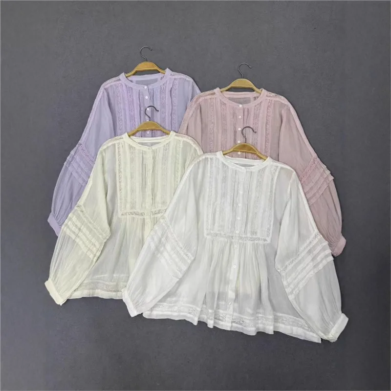 

Johnature осенняя новая японская ретро французская льняная кружевная отделка свободная повседневная рубашка с длинными рукавами для женщин