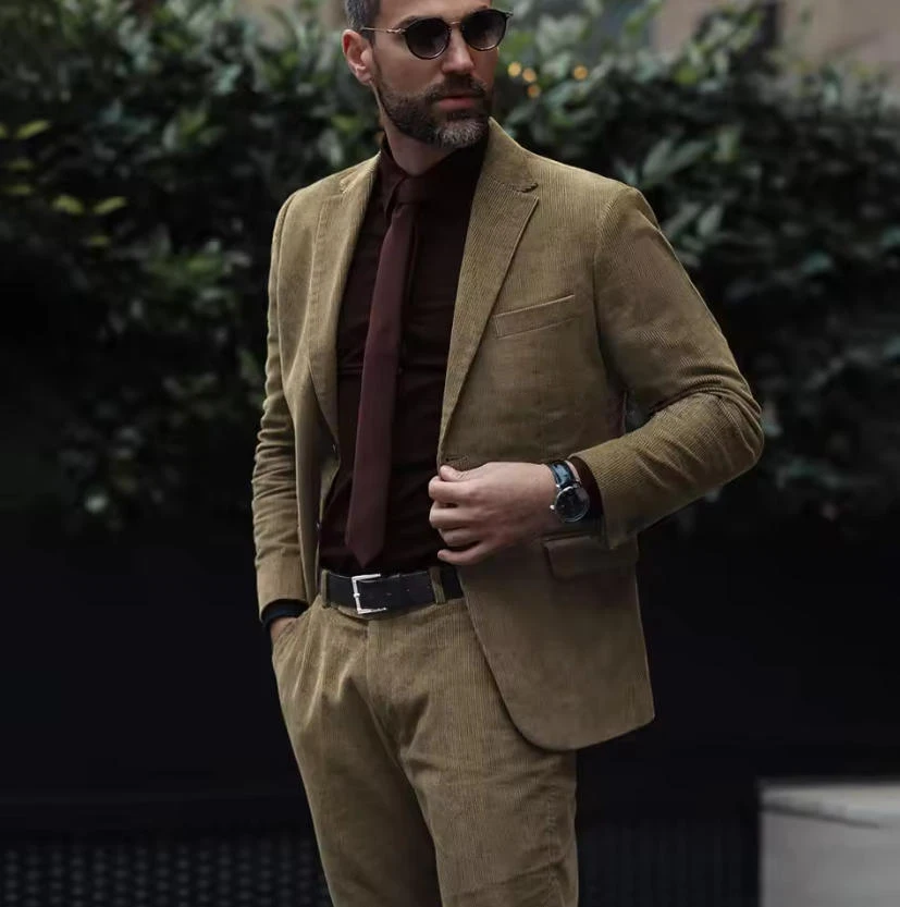 

Two-piece Set Man Suits Trends High Quality Corduroy Fabric Single Breasted Costumes Flap Pockets Classic Formal Straight Pants