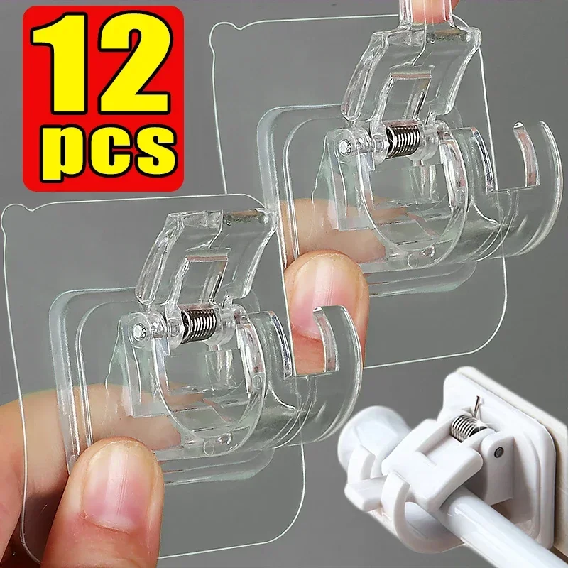 

12Pcs Self Adhesive Rail Hooks Nail-Free Curtain Clamp Rods Clips Hook Adjustable Shower Household Storage Hanging Stick Holder