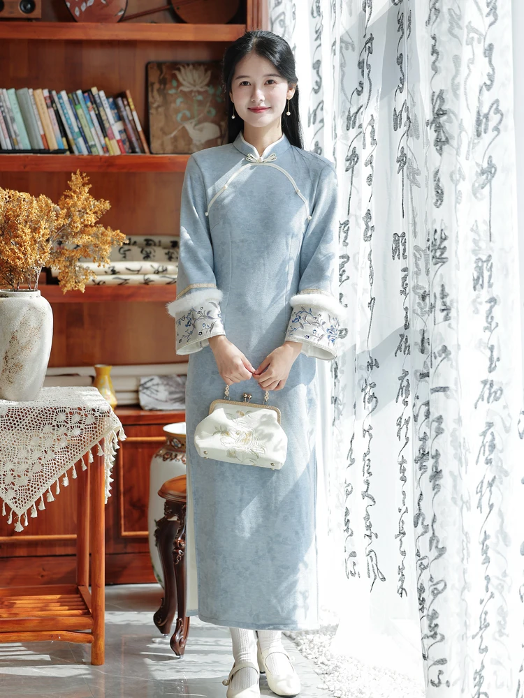 

Винтажное платье-ципао с длинным рукавом и воротником-стойкой, облегающее, с подкладкой, осенне-зимнее, в стиле «Blue Moon»...