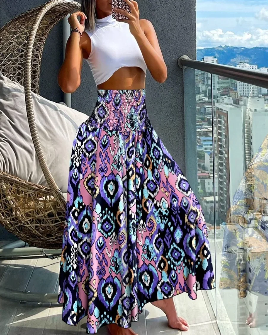 Damen Maxirock mit Smok-Details, hoher Taille und Paisley-Print – Fließender A-Linien-Rock für Strandurlaub und Freizeit – Detail 3
