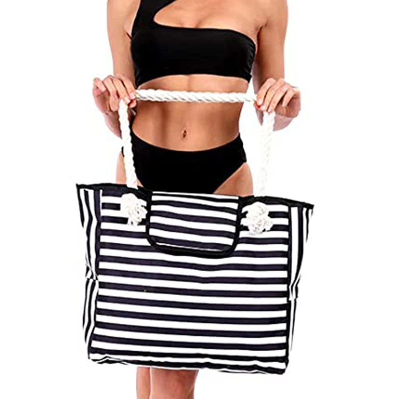 Casual Striped Canvas Bag For Women Large Capacity Shoulder Bag Daily Shopping Totes Student Bookbag for School Travel Beach Bag