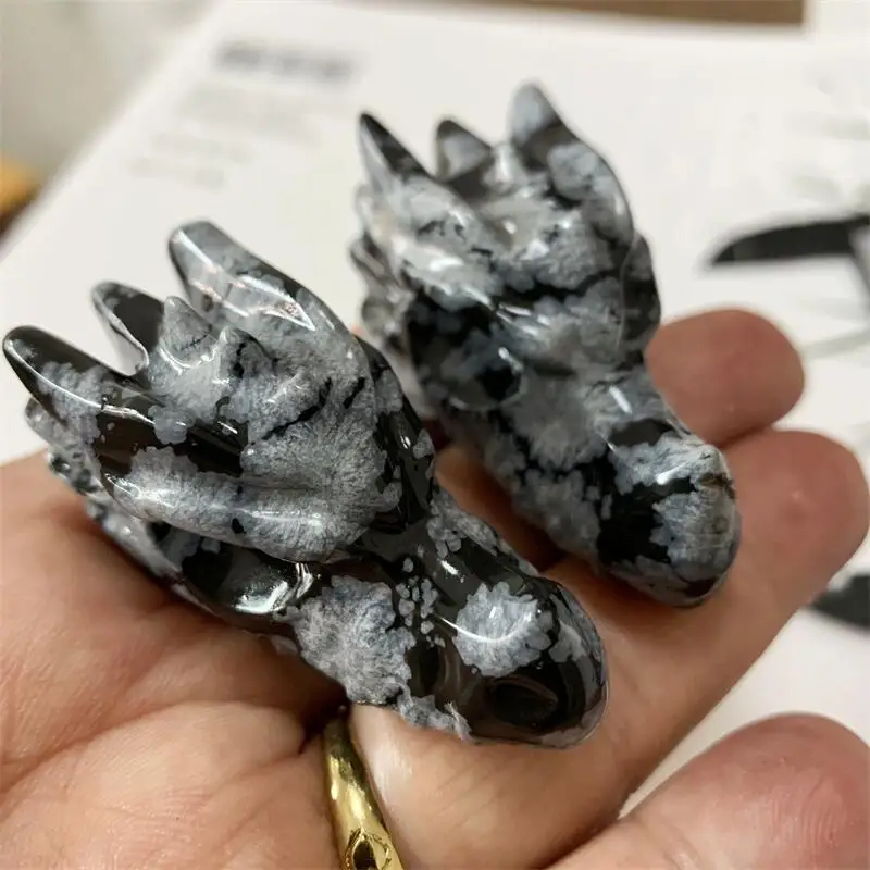 5CM Natural Snow Flake Obsidian Dragon Animal Carved Crystal Figurine Feng Shui Crafts Healing Artware Home Decorate Gift 1PCS