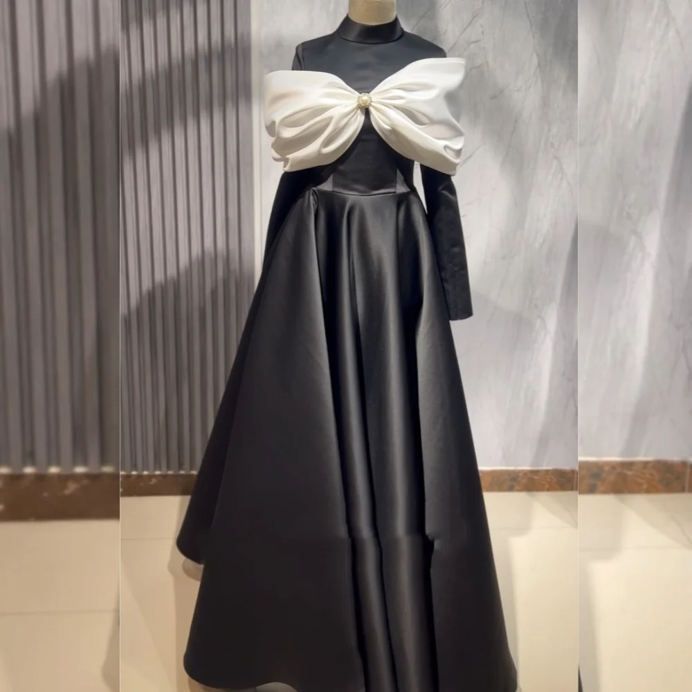 Customized Satin Bow Pearl Birthday A-line High Collar Bespoke Occasion Gown Long Dresses