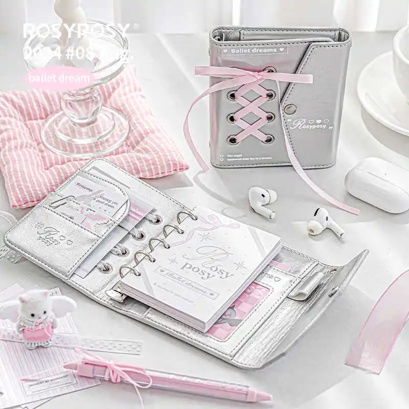 

Kawaii Ballet Ribbon M5 Notebook Silver Leather Binder Loose Leaf Journal Girl Student Diary Notebook M5 다이어리 72pages