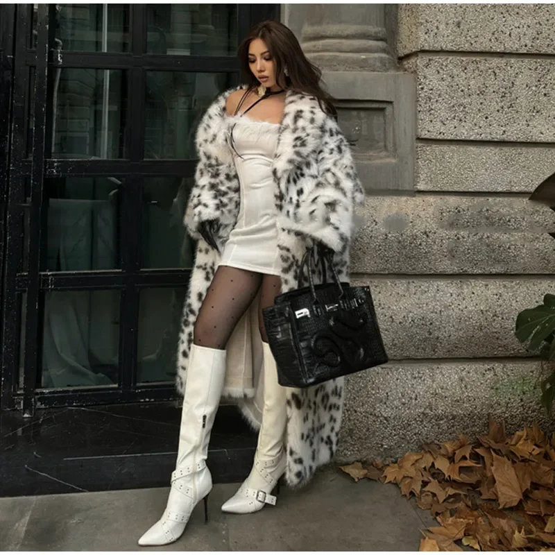 Women's Long Coats Leopard Printed Lapel Full Sleeve Faux Fur Coat Autumn Winter Lady Panelled Loose Warm Jackets New Outerwears