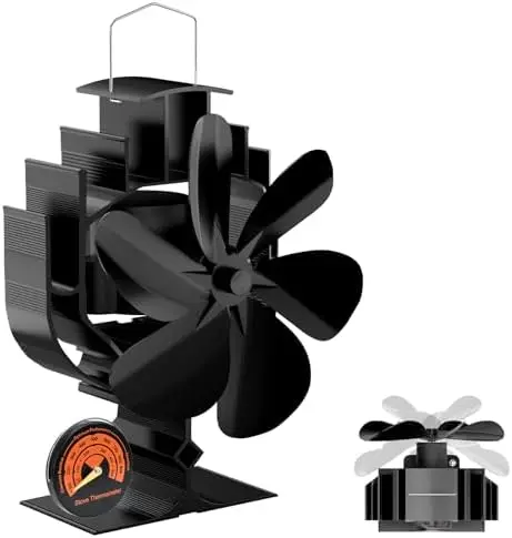 

Heat-Powered Oscillating Wood Stove Fan – 60° Rotation, 6-Blade, Magnetic Thermometer, No Electricity Needed