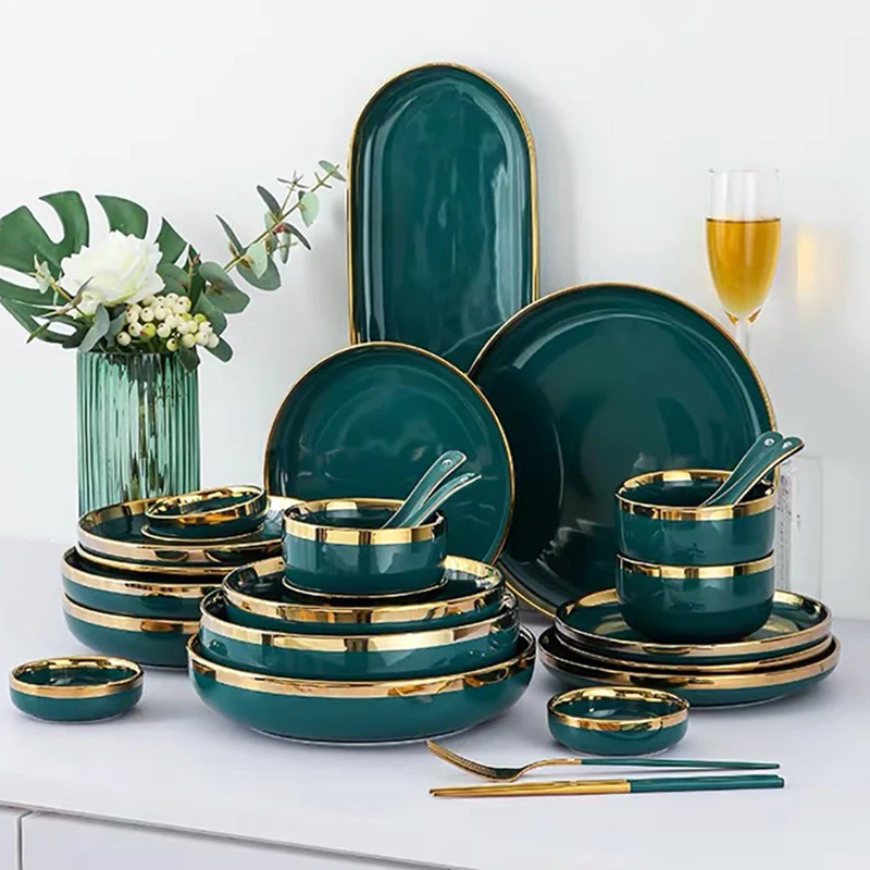 Ceramic Dinner Plates Dinnerware Set Dishes Luxury Green Food Dessert Plate Salad Soup Bowl Tableware Set for Restaurant Hotel