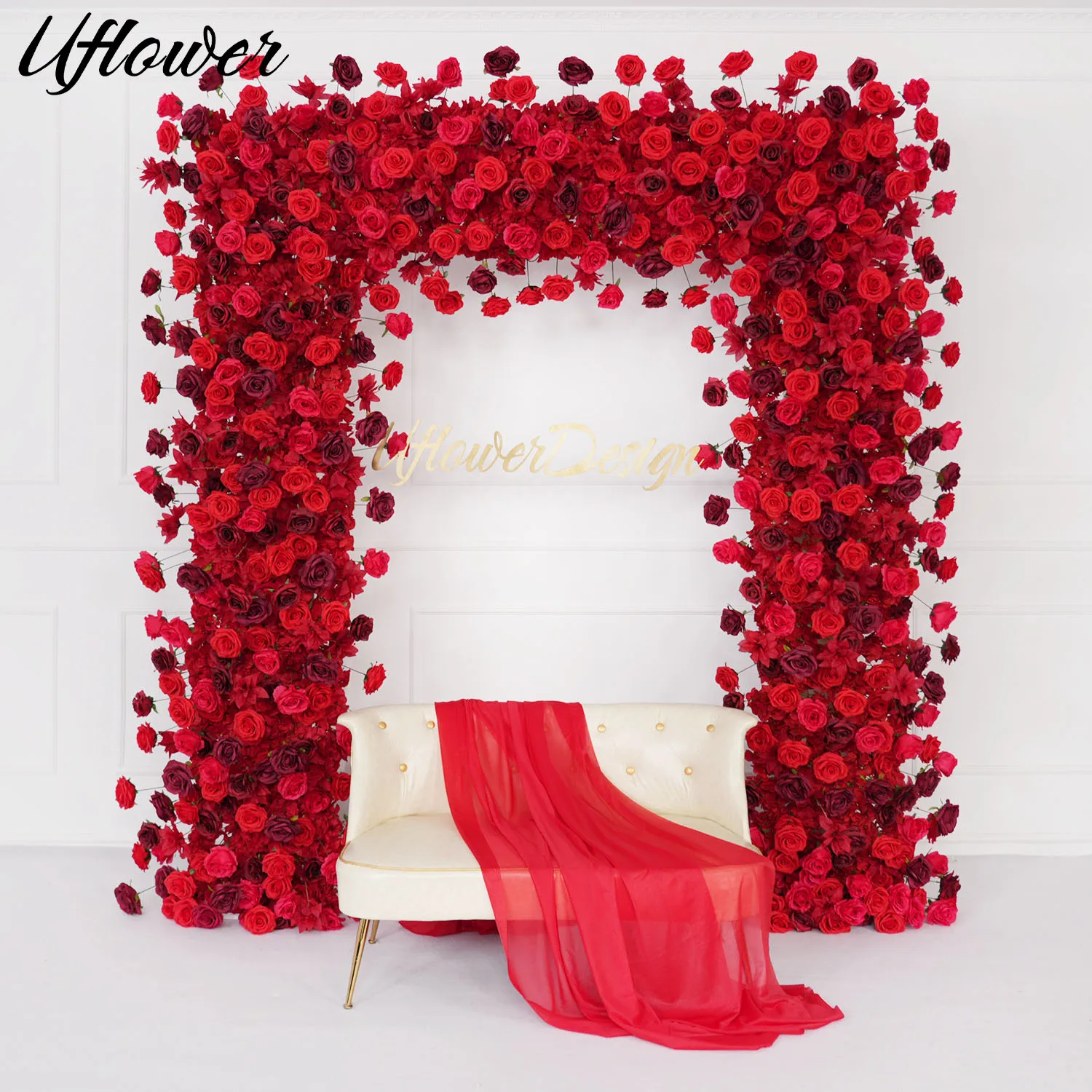 Uflower Artificial Flower Wedding Decoration Red Rose Hanging Flower Row Floral Backdrop Party Stage Event Arrangement Decor