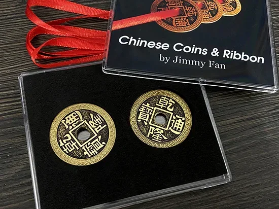 Chinese Coins and Ribbon Magic Trick Three Coins Penetrate On Off Ribbon Coin Magic Close Up Illusion Gimmick Prop for Magicians