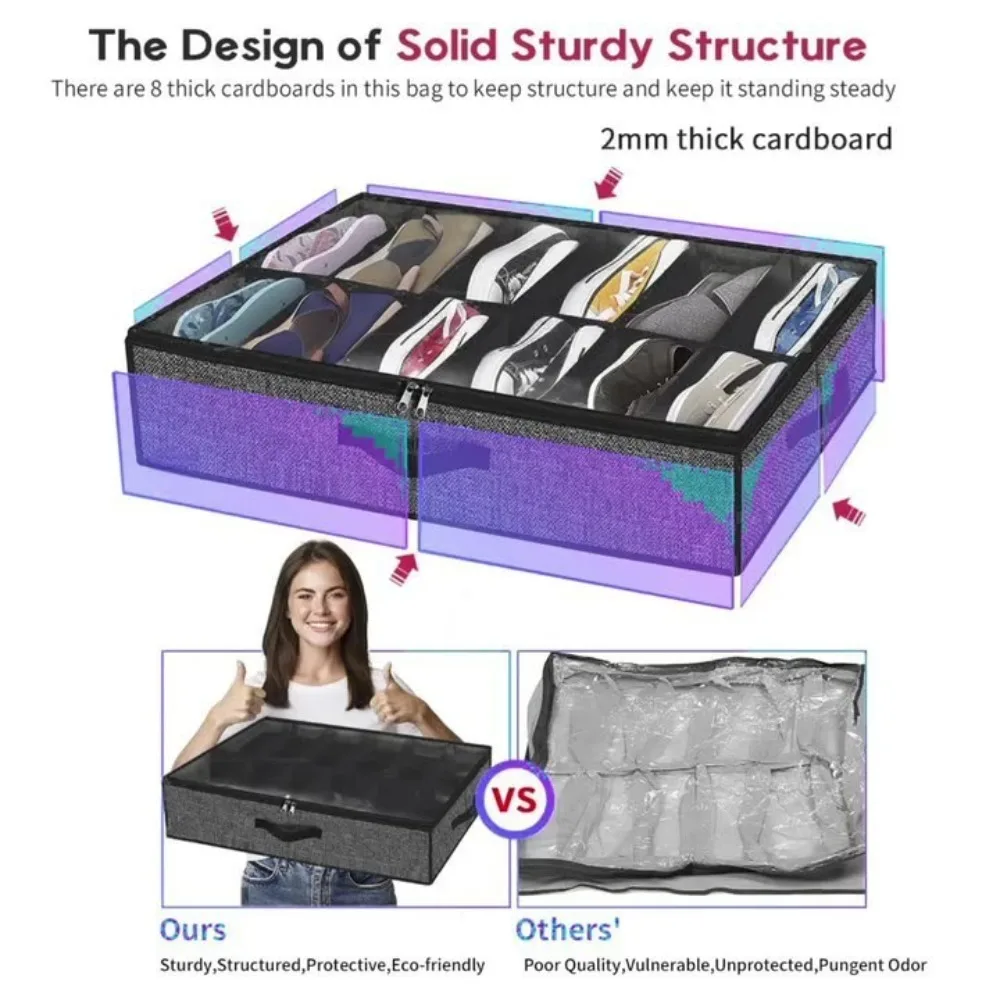Under Bed Shoe Storage Box Organizer Foldable Non Woven Fabric Clear Window Dustproof Closet Wardrobe Containers 12 Compartments