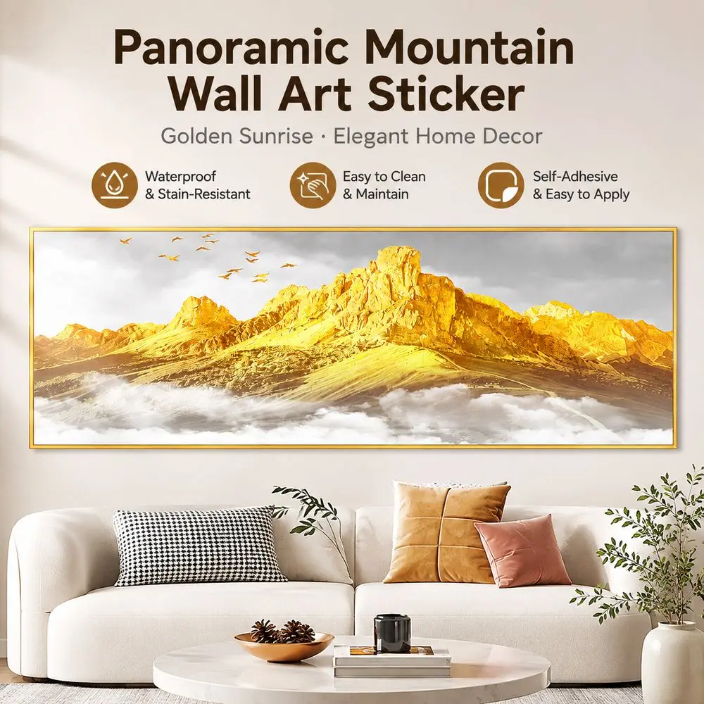 Mountain Landscape Bedroom Wall Stickers Golden Sunrise Modern Style Landscape Wall Art Long Horizontal Format