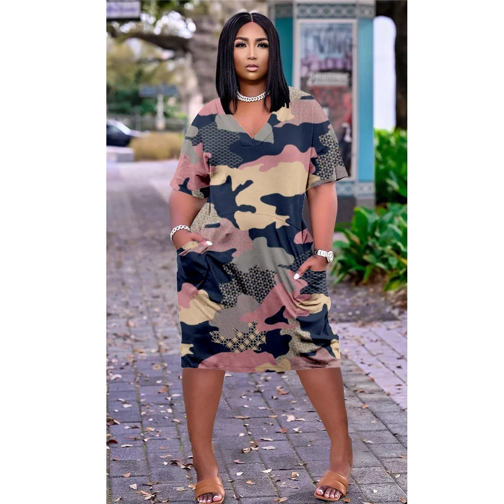 Abito estivo bohémien allentato Stampa 3D Moda Donna Abiti a maniche corte Ragazza al ginocchio Boho con scollo a V Abito da spiaggia allentato da donna