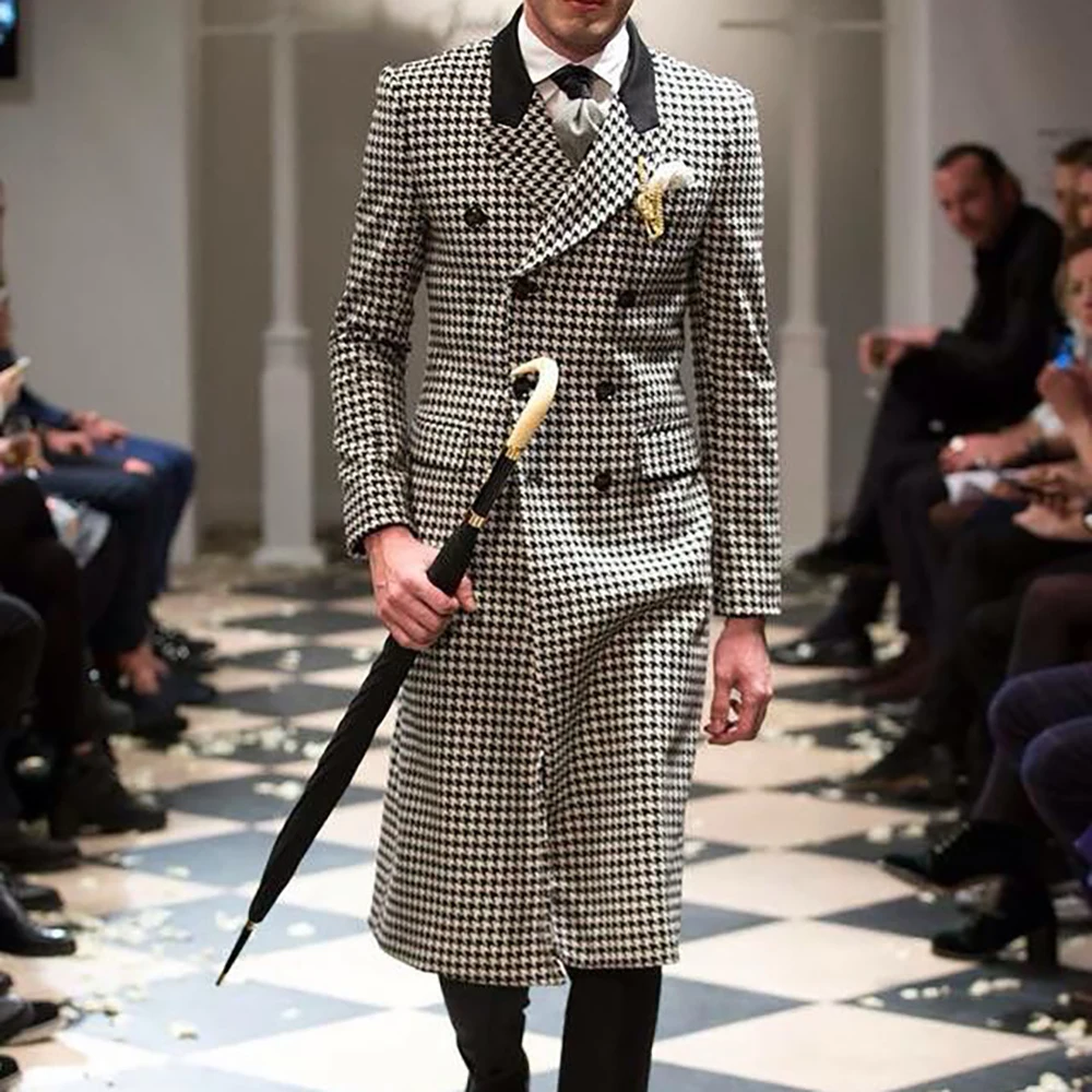 Men's Suits Houndstooth Long Blazer 2 Piece Double-breasted Set Casual Patterned Jacket with Pants Formal Office Wedding Outfit