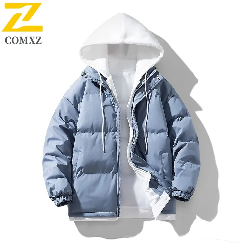 

COMXZ Padding Coat Fake Two Piece Design Hood Camping Windproof Parka Loose Thickened Cold Protection Autumn Winter Trench Coat
