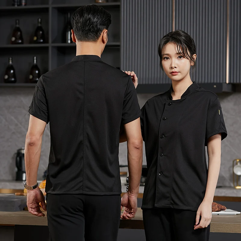 مجموعة زي تقديم الطعام في المطاعم، قميص عمل المطبخ ومريلة لخدمة الطعام، سترة الشيف بأكمام قصيرة للرجال والنساء