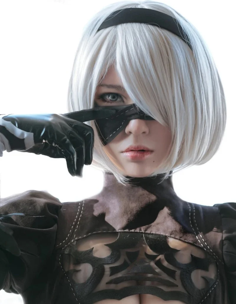 

NieR:Automata 2B YoRHa No. 2 Type B Heroine Short Silver White Bobo Heat Resistant Cosplay Costume Wig No Eye Mask + Wig Cap