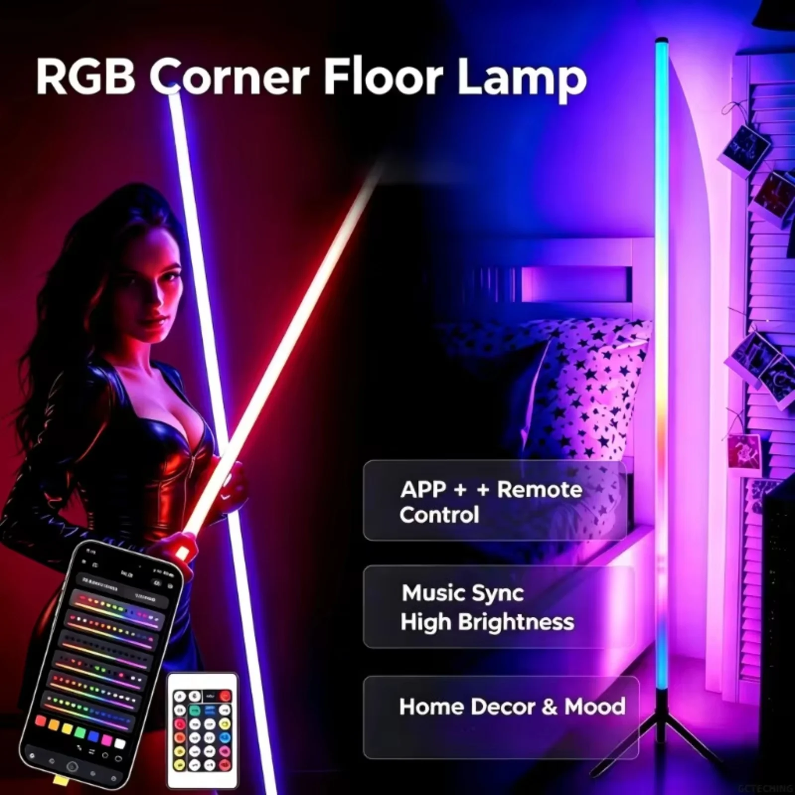 120CM LED RGB Floor Lamp Bar, Sound Pickup Ambient Light, Corner Wall Light for Bedroom, E-Sports Room Live Atmosphere Lamp