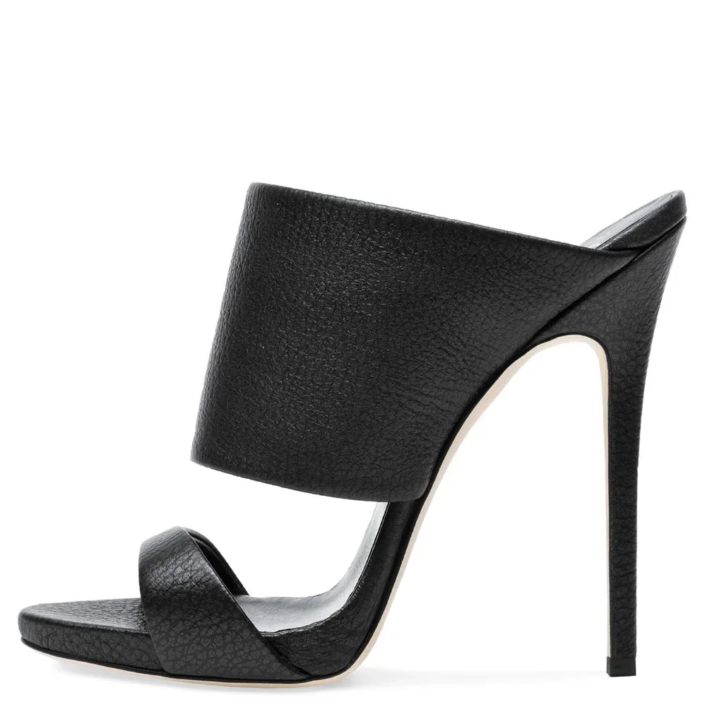 

Black Pu Leather Super High Heel Women Slippers Open Toe Slip On Thin Heels Sandals 2025 Summer Slides Large Size 46