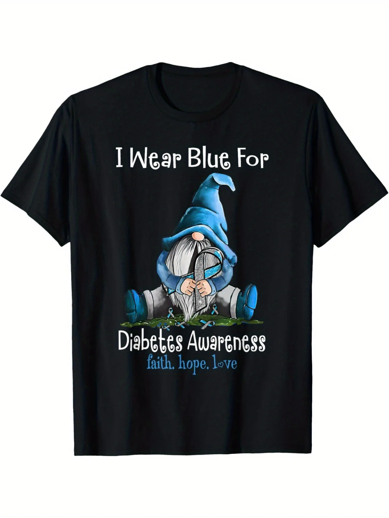 Funny Gnomes Wear Blue for November Diabetes Awareness Men's Black Cotton T-Shirt | Support Diabetes Awareness