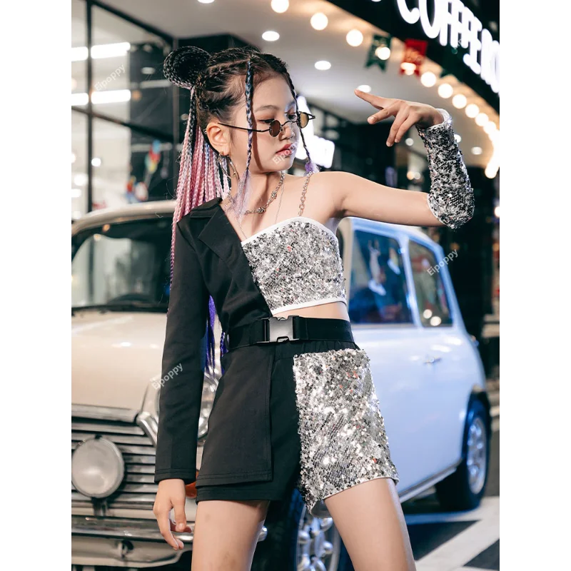 Glitter Costume Performance, Black Jazz Silver Stage, Girls' Streetwear Design, Fashionable and Unique Girls Dance Wear