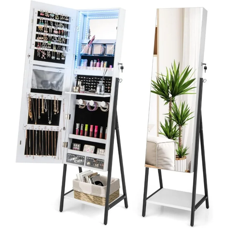 Armoire à bijoux avec miroir pleine longueur, armoire à bijoux verrouillable avec roues, lumières LED pour 3 documents, armoire à bijoux roulante, rangement de proximité