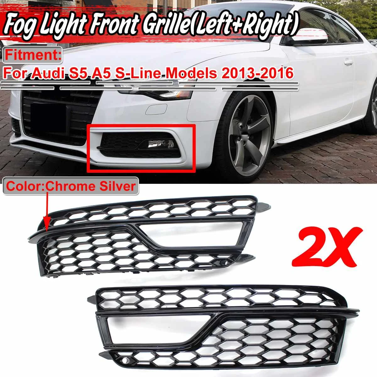 Black/Silver 2pcs Honeycomb Car Front Fog Light Lamp Cover Honeycomb Grill Bumper Grille For Audi S5 A5 S-Lines Bumper 2013-2016