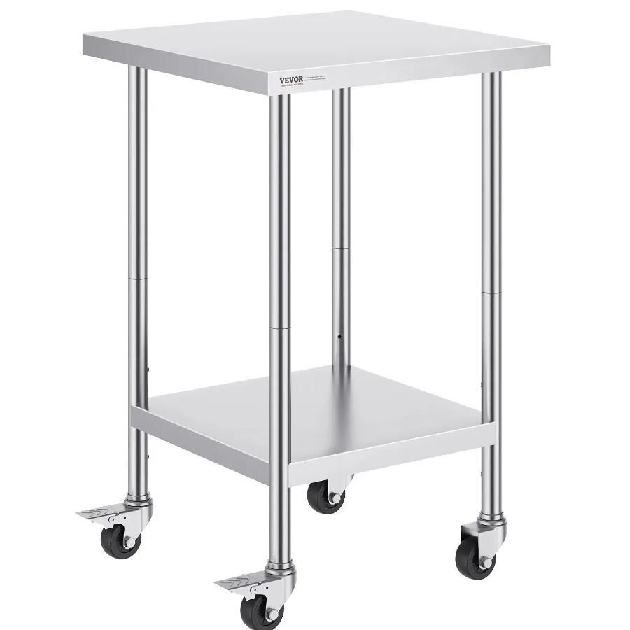 VEVOR Stainless Steel Work Table 24 x 24 x 38 Inch with 4 Wheels 3 Adjustable Height Levels Heavy Duty Food Prep Worktable for