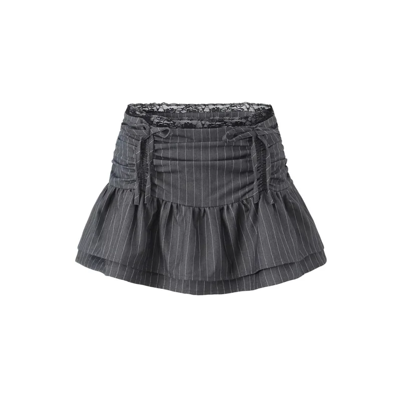 Women Lace Double Layer Low Rise Thursday Pinstripe Mini Skirt Grey