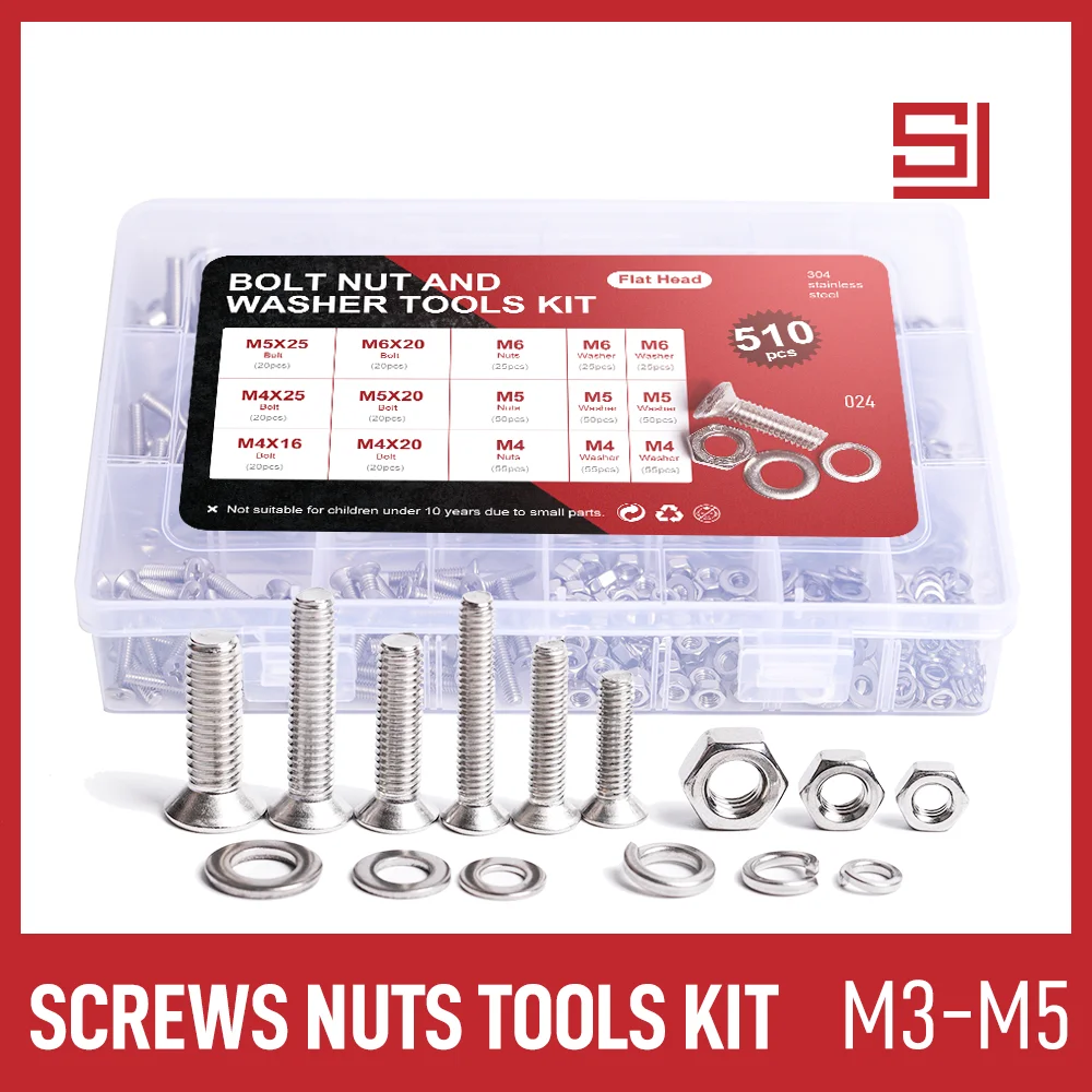 

510Pcs Phillips Bolt Nut Assortment Set M4 M5 M6 Flat Round Head Stainless Steel Countersunk Screws Nuts Split Lock Washers Kit