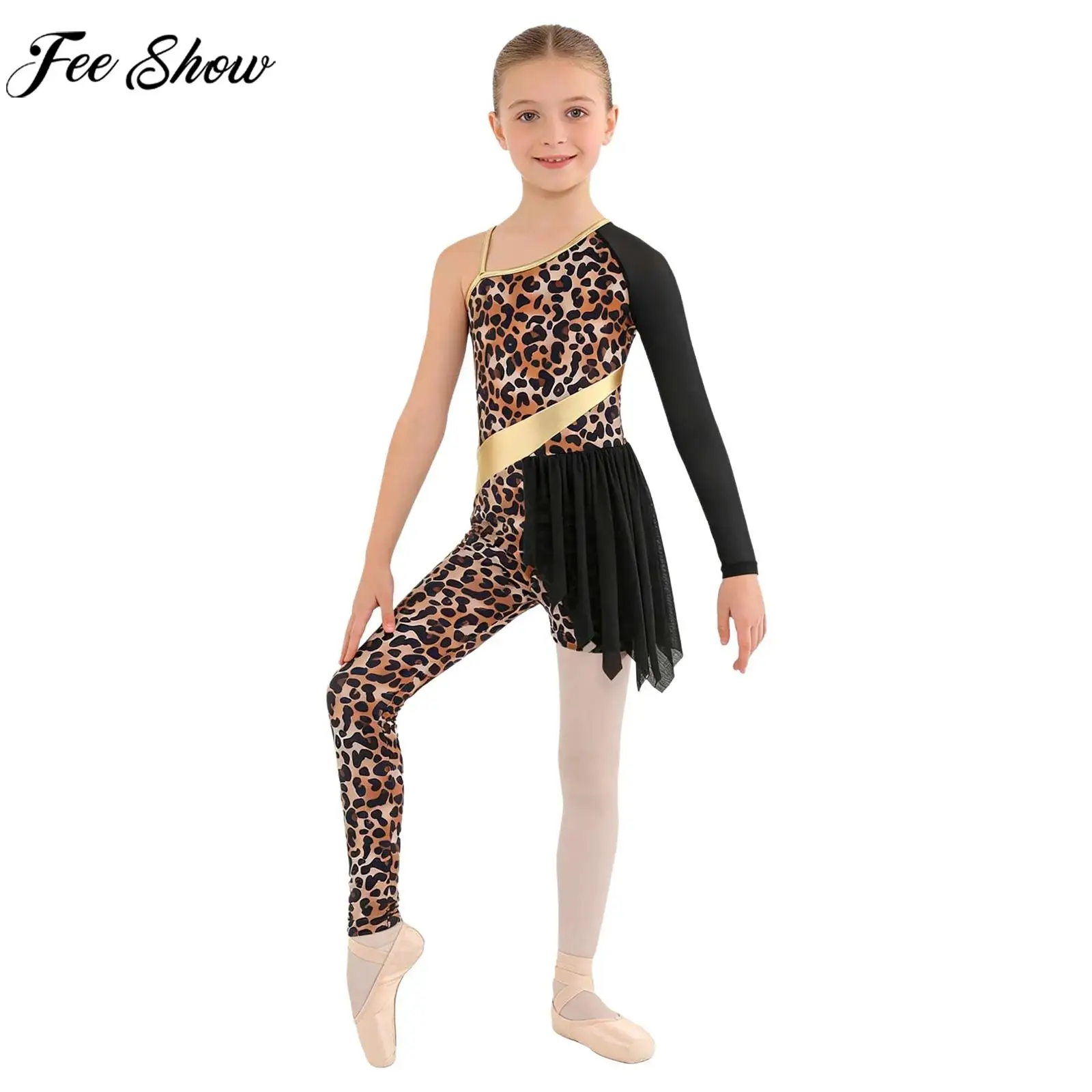 Kids Girls Cavegirl Caveman Primitive Tribe Costume One Shoulder Leopard Gymnastics Skating Dance Jumpsuit for Halloween Party