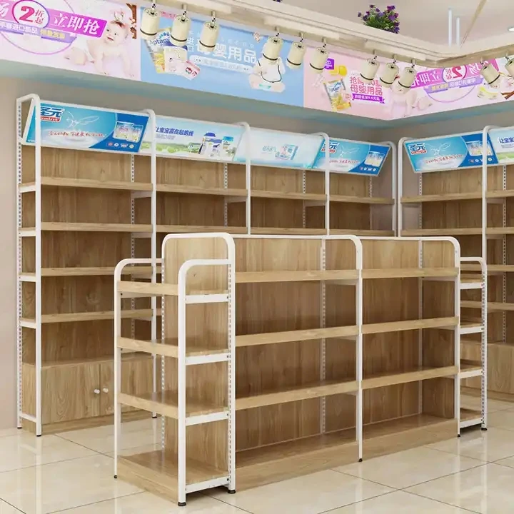 Custom Retail Store Double Sided Hanging Basket Shelf Supermarket Wooden Display Shelf Grocery Store Display Shelf