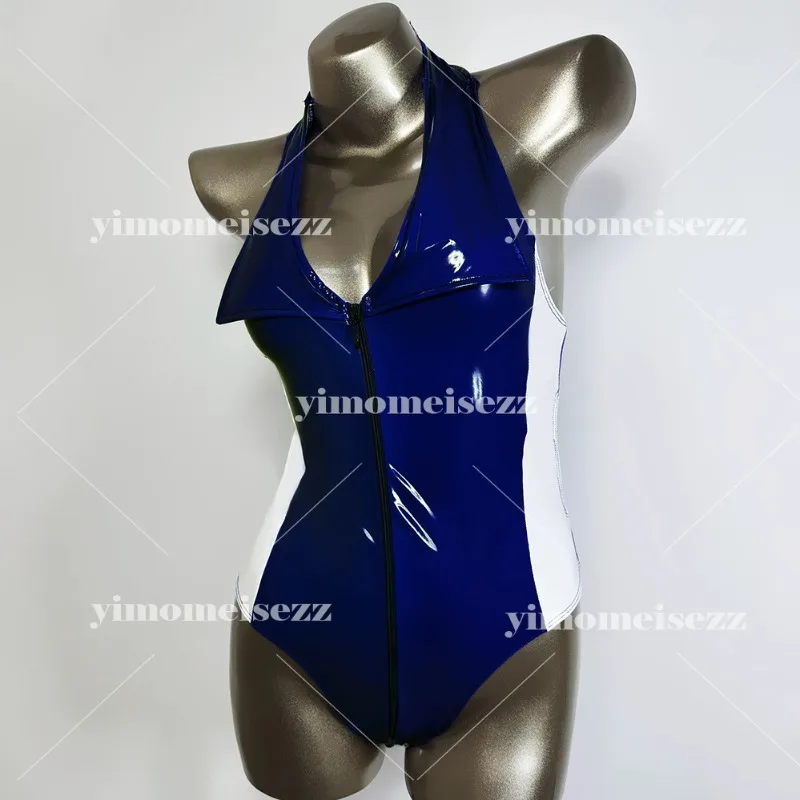 

Customized Lacquer PU Glossy Mirror Sexy Hanging Neck Jumpsuit Japanese Student Swimsuit Private Room Color Blocked Jumpsuit