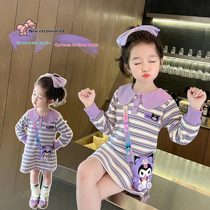 Autumn Girls Kuromi Long Sleeve Striped Dress Sanrio Kawaii Anime Children Cotton Skirt Princess Clothes Cartoon Cute Kids Gifts