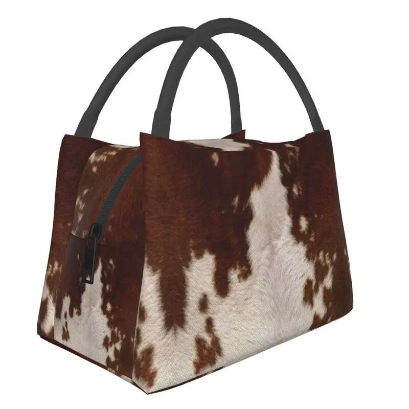 Brown Calf Cowhide Insulated Lunch Bags for Picnic Animal Skin Fur Leather Texture Waterproof Thermal Cooler Bento Box Women