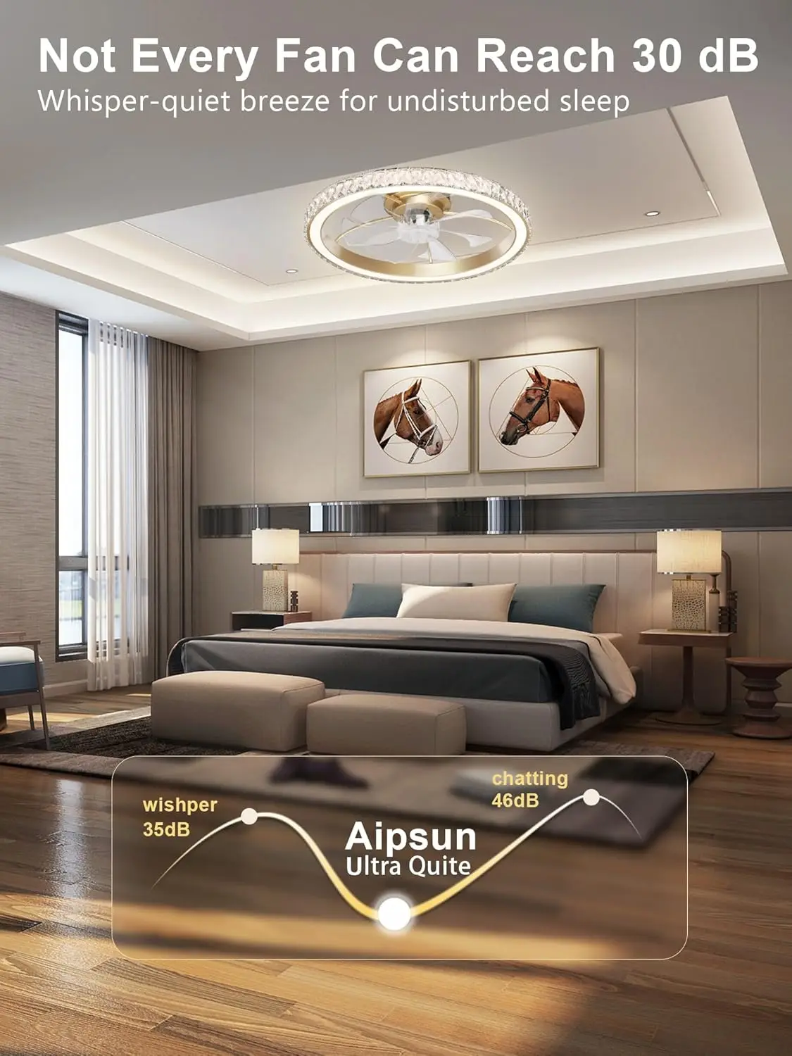 Low Profile Modern Crystal Chandelier Ceiling Fans with Lights and Remote, 3000K-6500K Smart Bladeless LED Fan Light, 26"