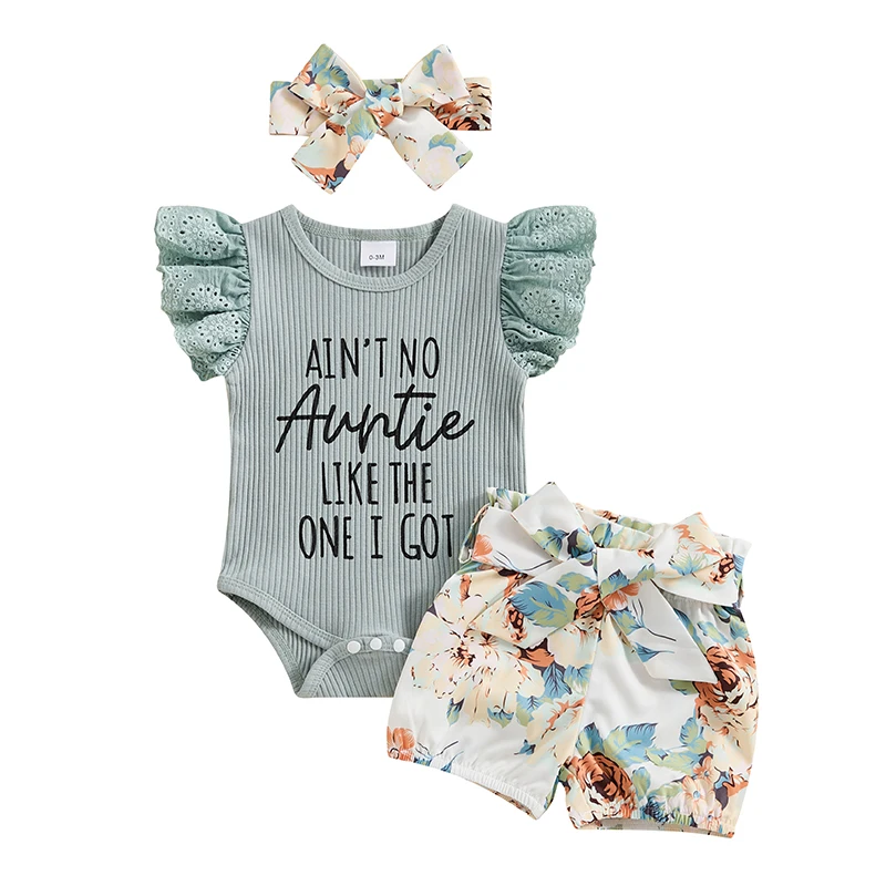 

Baby Girls Shorts Set, Fly Sleeve Letters Print Romper with Belted Floral Shorts and Hairband Summer Outfit