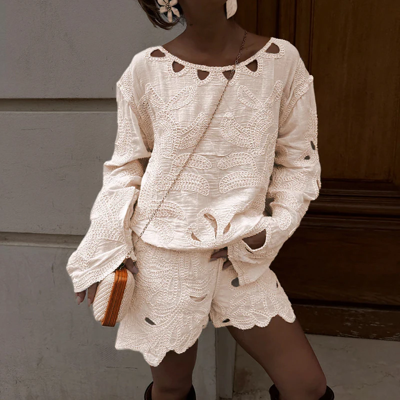 

2025 Fashion Crochet Long Sleeve Female 2 Piece Sets Embroidery O Neck Women Shirt Set Hollow Out Wide Leg Lady Short Pant Suit