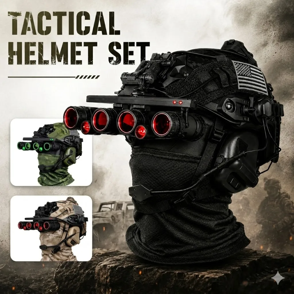 Tactical Helmet Set with Red/Green Light Quad NVG Model Rail-Mounted Headset Signal Strobe Light for Paintball CS Games Cosplay