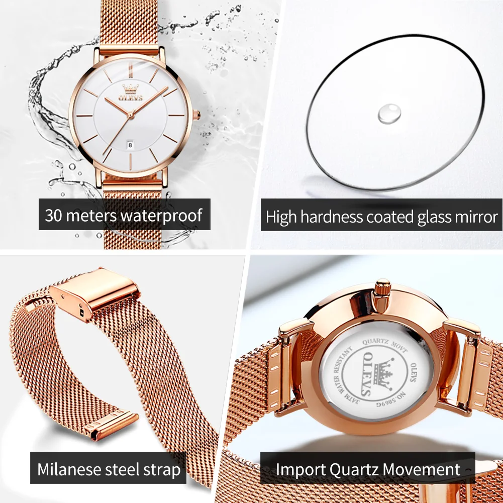 Olevs 6.5Mm Ultra Dunne Horloges Voor Vrouwen Rose Goud Roestvrij Staal Waterdichte Dames Horloges Grote Gezicht Quartz Horloge Gift doos