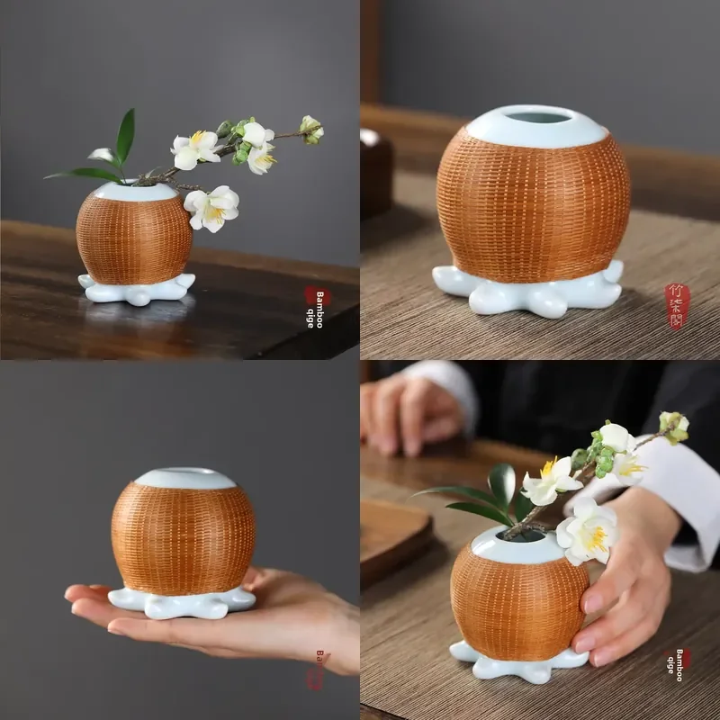 Natural Sustainable Bamboo Ceramic Vase Chemical Free Carbonized Mini Flower Arrangement Container Eco Friendly Oriental