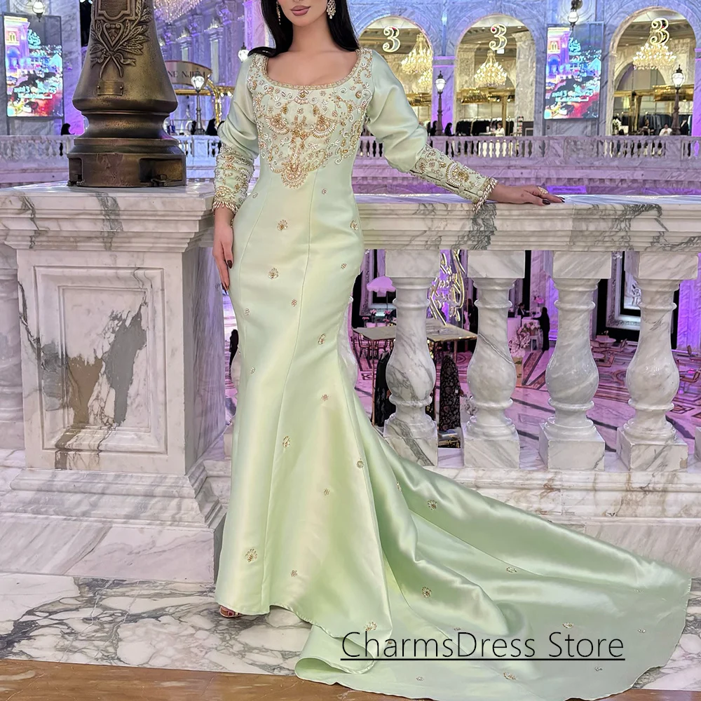 

Роскошное алжирское вечернее платье по индивидуальному заказу с круглым вырезом и длинными рукавами, золотые камни, бисер, вечернее платье русалки со шлейфом