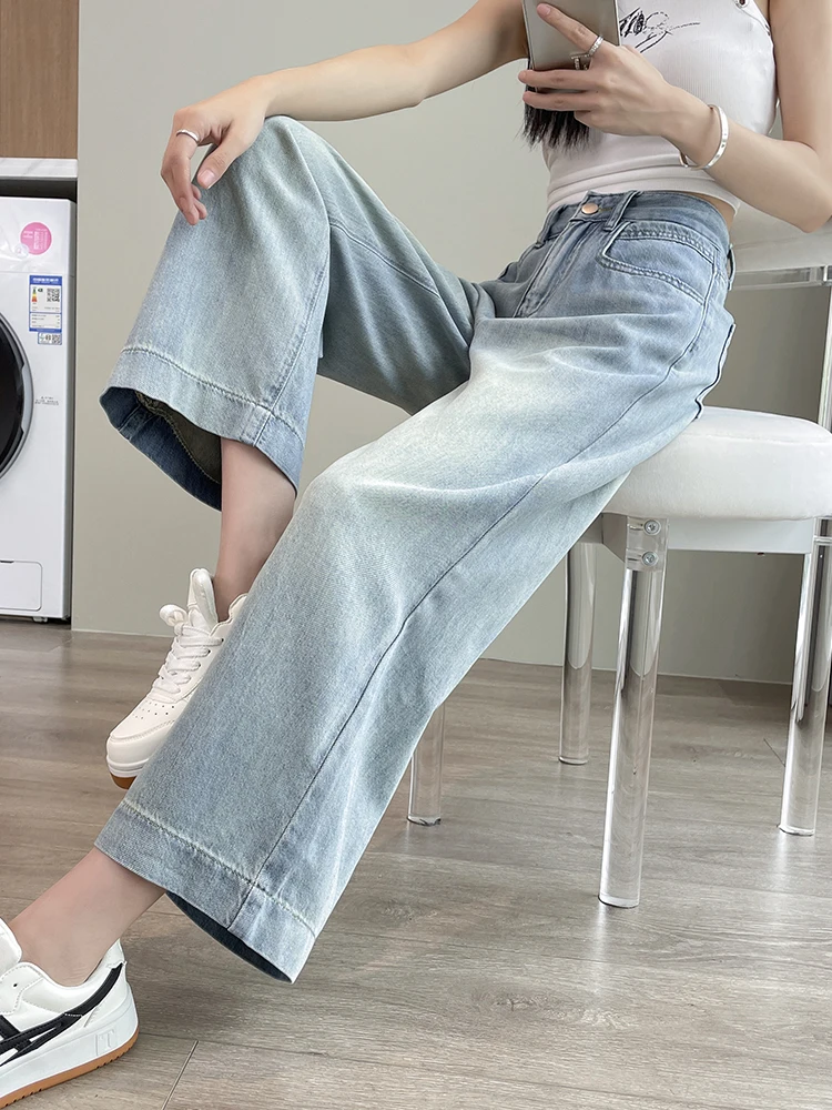 

Джинсы женские с высокой талией, прямые, укороченные, светлые, утягивающие, маленькие размеры, свободные, широкие штанины, осенняя новинка