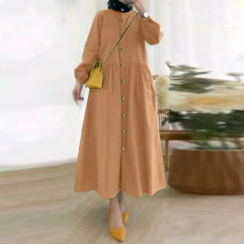 

Retro Casual Cardigan for Muslim Women Loose Sundress with Round Neck and Puff Sleeve Polyester Abaya Dress