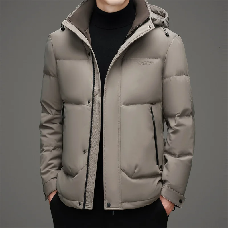 

Men White Duck Down Basic Coat Black Khaki Gray Lightweight Puffer Parkas Hood Detachable Design Thermal Outerwear Padded Jacket