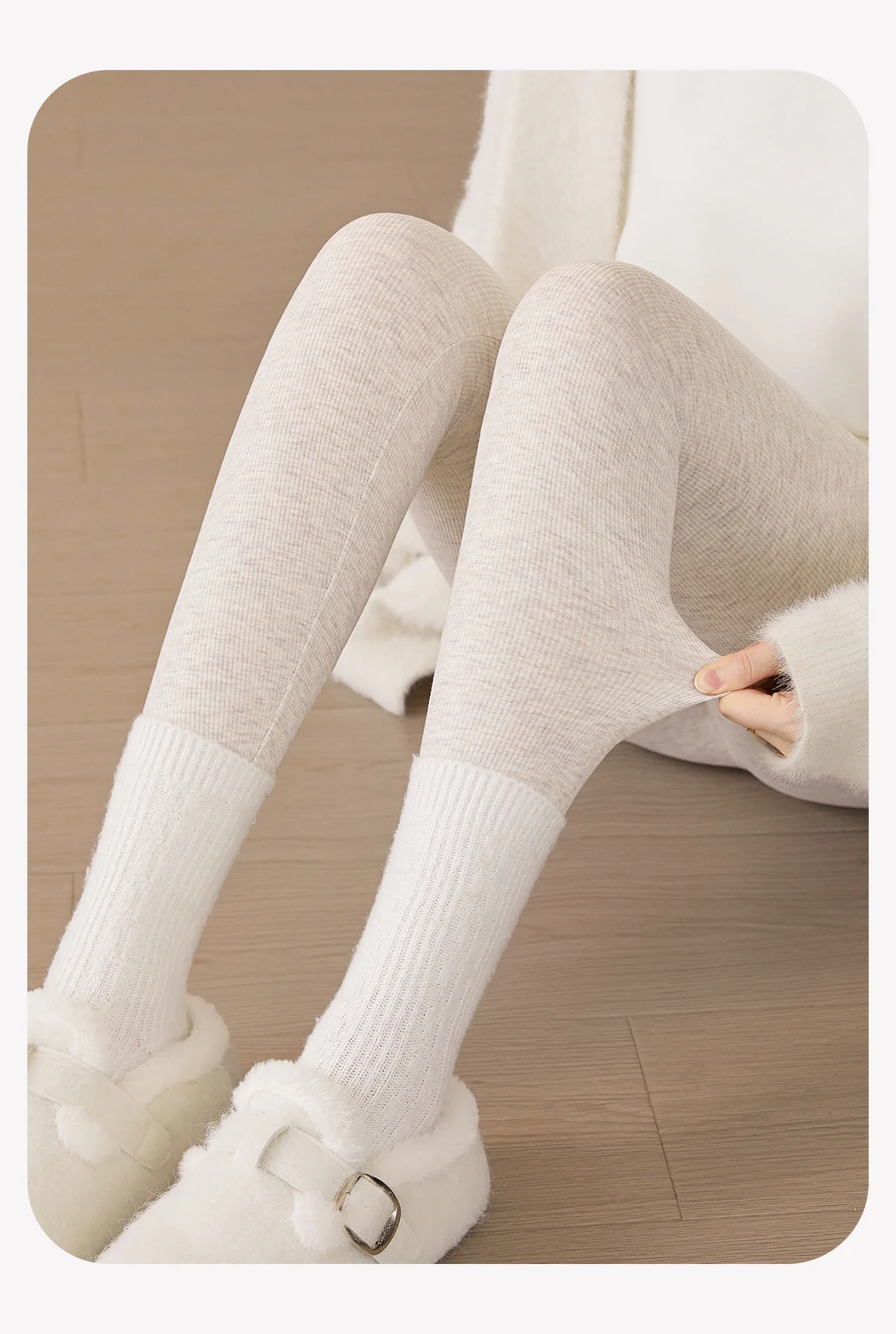 Brushed Ribbed Leggings for Women Tummy Control Butt Lift High Waist Grey Thermal Pants Winter Warm Cotton Base Layer Tights